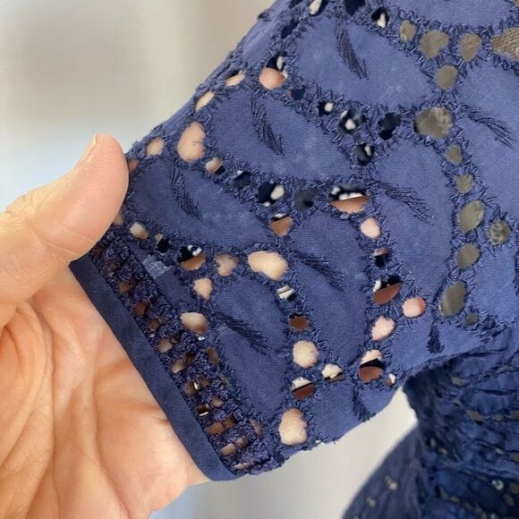 Rare Vintage Navy Blue Eyelet Lace Midi Dress Short Sleeve 50s Fit & Flare Women - Picture 11 of 12